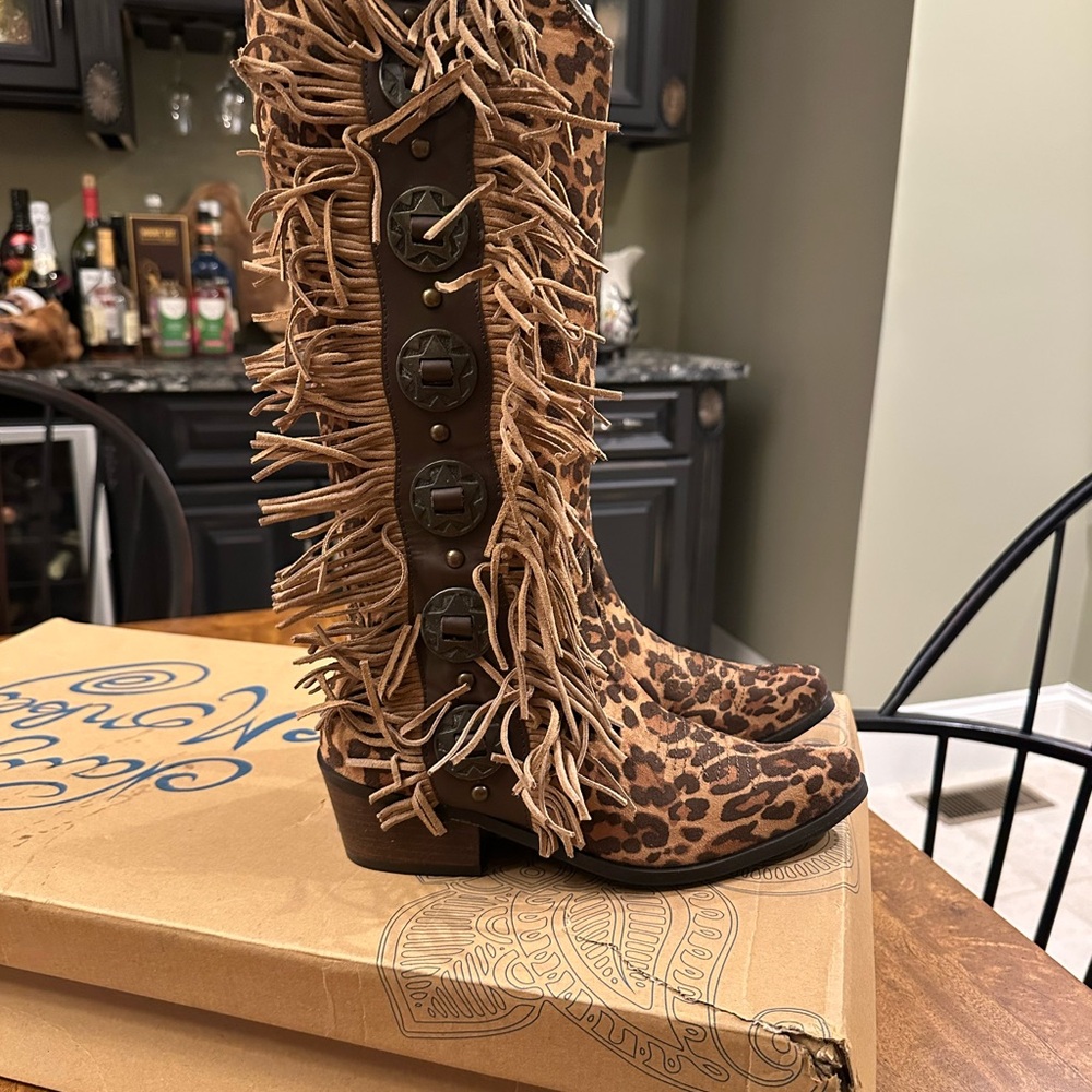NAUGHTY MONKEY women’s RODEO DOLL FRINGE BOOTS IN LEOPARD